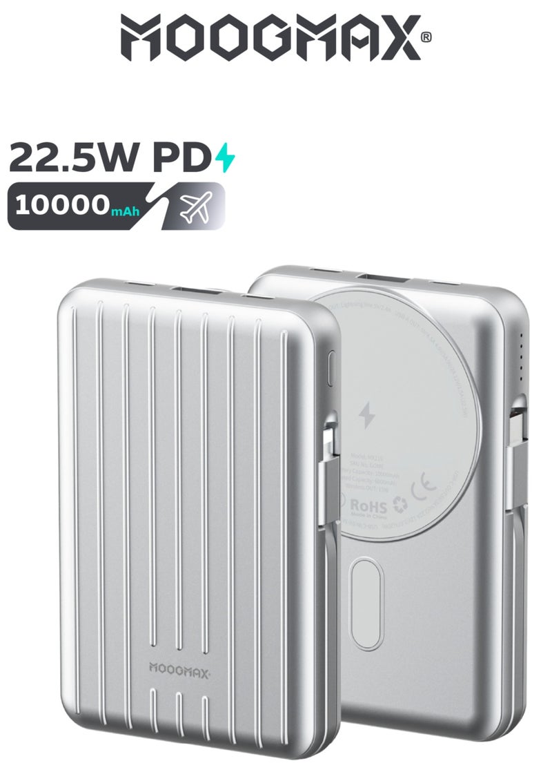 موجماكس باور بنك بسعة 10000 مللي أمبير. باور بانك صغير لاسلكي مغناطيسي (ماج سيف). شاحن متنقل صغير بثلاث منافذ (يو اس بي& تايب سيPD& لايتنينج ايفون). بطاريه متنقله باسلاك شحن قماشية مدمجة (تايب سي& لايتنينج ايفون). بور بنك بقوة شحن 15واط لشحن اللاسلكي و22.5 واط لمنافذ الشحن والكيابل. فضي - Image 1